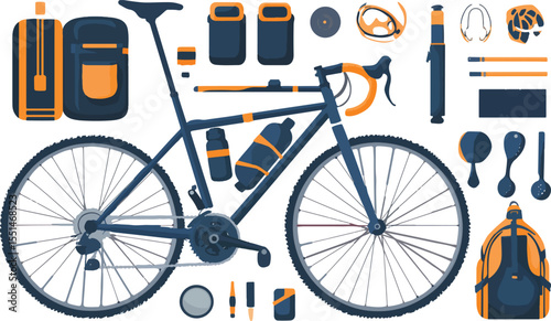 Bicycle Touring Gear and Accessories Flat Lay Illustration on White