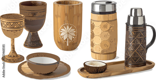 Flat Icon Set of Cultural and Traditional Drinkware on White Background Includes Clay Cup, Bamboo Mug, Wooden Goblet.