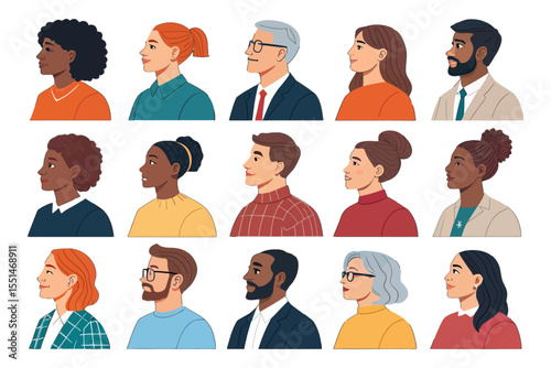 Diverse Profiles: A collection of diverse profile views, showcasing a variety of ethnicities, ages, and hairstyles. Ideal for illustrating diversity, inclusion, and representation in various contexts.