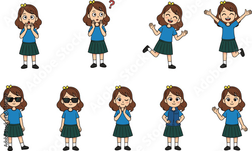 Cartoon schoolgirl character with different facial expressions, emotions, sunglasses, happy, confused, cute poses, vector design, isolated illustration

 flat vector illustration