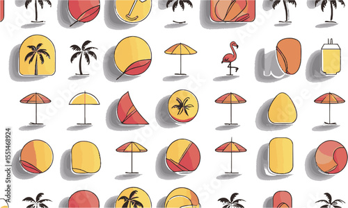 Modern vector illustration featuring a collection of minimal, summer-themed line icons arranged, easily editable and scalable.