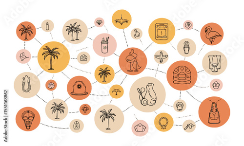 Modern vector illustration featuring a collection of minimal, summer-themed line icons arranged, easily editable and scalable.