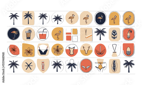 Modern vector illustration featuring a collection of minimal, summer-themed line icons arranged, easily editable and scalable.