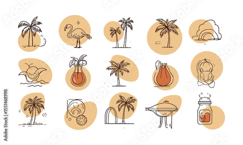 Modern vector illustration featuring a collection of minimal, summer-themed line icons arranged, easily editable and scalable.
