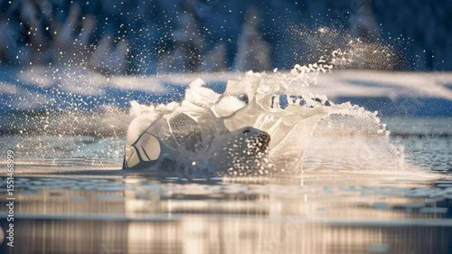 Majestic Polar Bear Leaping Through Sparkling Snowy Landscape in Winter Wilderness