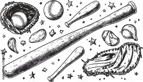Hand Drawn Baseball Equipment with Stars in Black and White