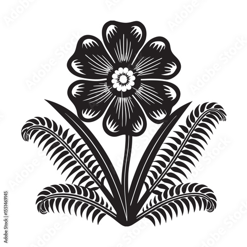  silhouette of single unique design flower of fern on the white background      