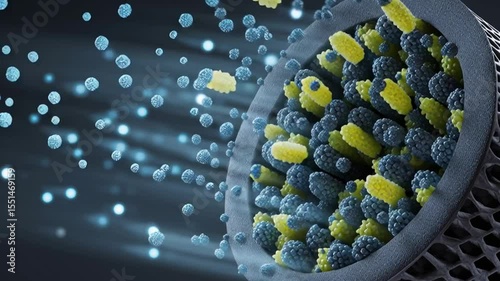 Abstract representation of molecular structures with particles, bubbles, and 3D design elements in a dark background