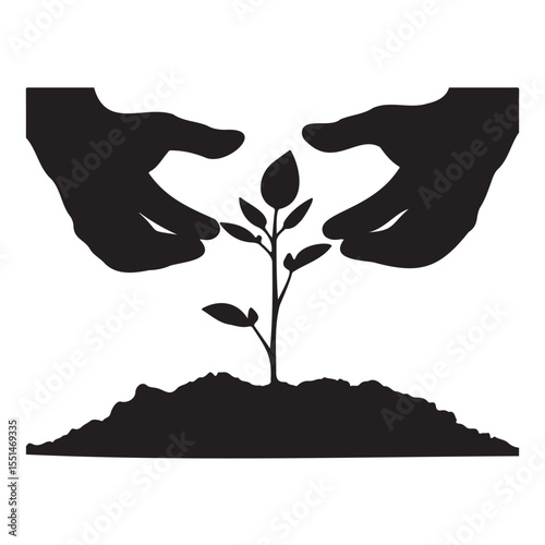 Hands planting a small tree silhouette on white background