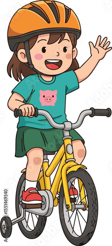 Cute girl riding yellow bicycle, wearing safety helmet, waving hand, learning to ride, happy child, cartoon, cycling, vector, clipart

 flat vector illustration
