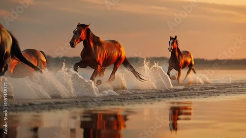 Majestic Horses Galloping Through Shimmering Water During Golden Hour at Sunset in an Idyllic Natural Setting