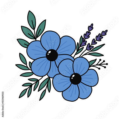 Stylized floral arrangement with blue blossoms, lavender sprigs, and green foliage on a white background