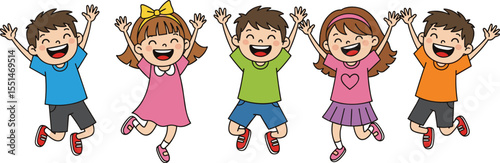 Group of happy cartoon children jumping, smiling kids illustration, joyful expressions, diverse characters, vector art, fun, colorful, cute clipart

 flat vector illustration