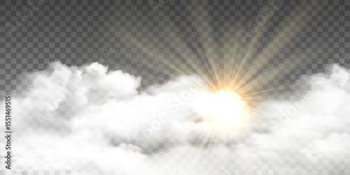 Cloudy border with sunny rays, realistic sunny cloudy sky