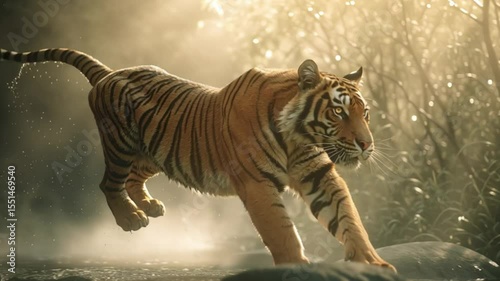 Majestic Tiger in Mid-Leap Captured in Stunning Natural Landscape During Golden Hour Over Serene Water