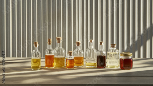 Variety glass bottles filled with homemade vinegar and oil on wooden table background