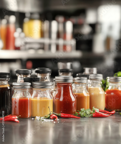 Variety of glass jars and bottles containing hot pepper chilli sauces, background