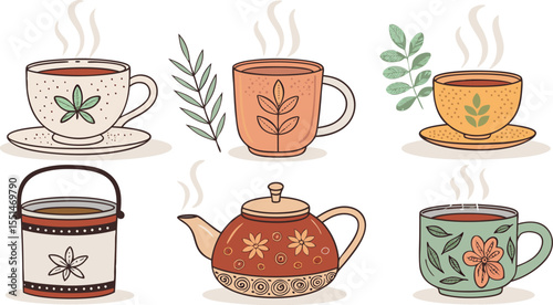 set of tea cups Colorful Flat Icon Set of Traditional Hot Beverages Herbal Teas, Cultural Cups, and Steam Elements in Minimal Style on White Background.