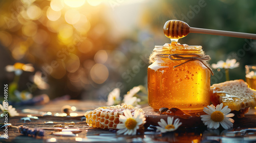 Honey. Jar with natural Honey. Natural organic honey in a glass jar. Beautiful advertising photo with space for text. Benefits of honey. Natural antioxidant. Prevention and treatment of colds. Natural