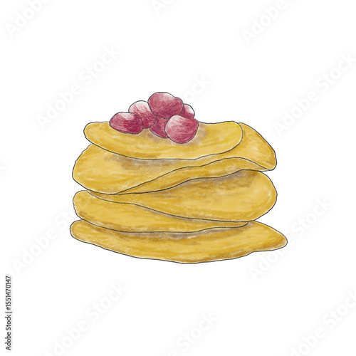 stack of pancakes with berries,  sweet breakfast drawing, hand-drawn digital art on transparent background
