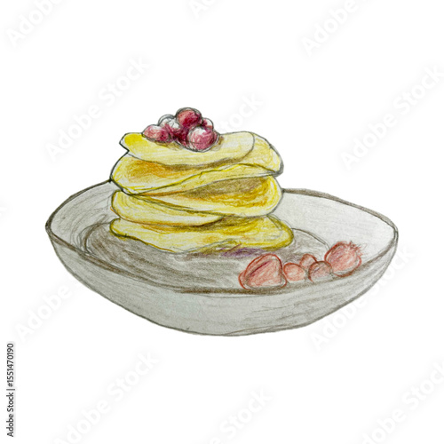 pancakes with berries on a plate, pencil drawing on transparent background