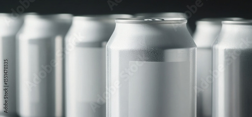 Close-up of multiple silver beer cans with blank surface as mockup, condensation, metallic texture, background