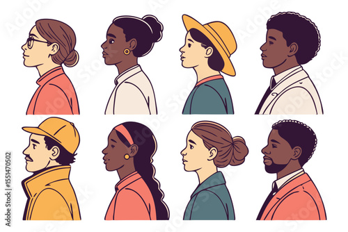 Portraits of Diverse Individuals: A collection of illustrations showcases the profiles of individuals from varied backgrounds and demographics. The artwork celebrates diversity in portraiture.