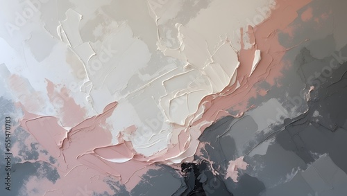 Textured abstract painting with thick impasto strokes in pastel pink and grey tones
