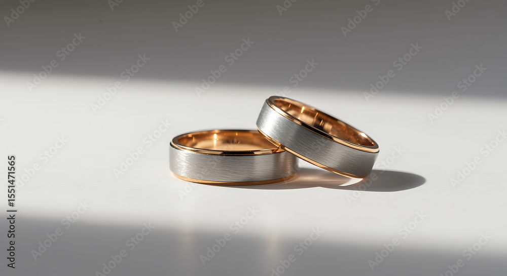 Two modern wedding rings with brushed silver and rose gold finish on white surface