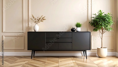 Low-profile black sideboard in matte finish with slim metal legs, set against a cream-toned wall and textured flooring. 