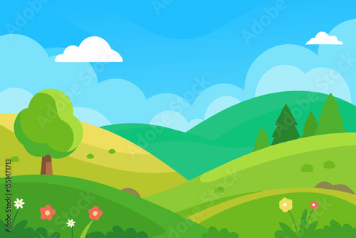 Vibrant cartoon landscape with rolling green hills and a bright blue sky