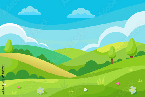 Vibrant cartoon landscape with rolling green hills and fluffy clouds