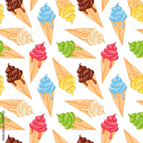Seamless pattern of soft ice cream cone melting scoop in various flavors in cartoon. Perfect for summer background, packaging and food themed textile design.