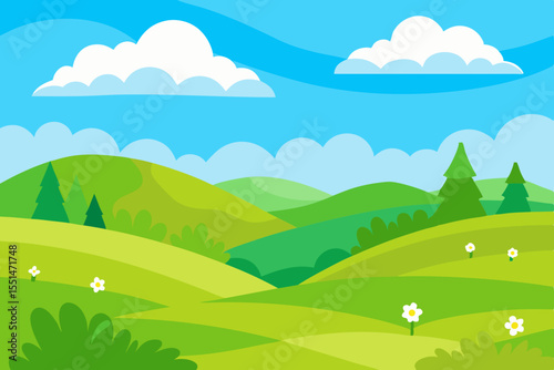 Vibrant cartoon landscape with rolling green hills and fluffy white clouds