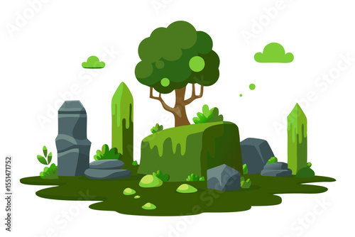 Enchanted forest clearing with ancient stones and glowing crystals surrounded by lush greenery