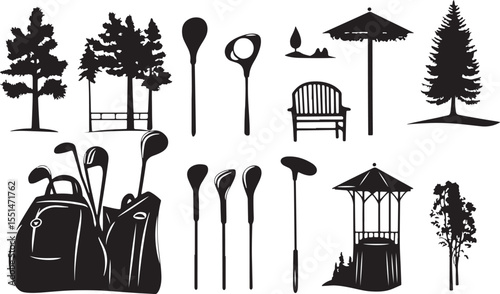 Golf Course Elements Silhouettes with Golf Clubs Trees and Gazebo