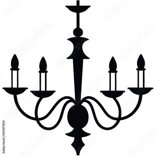 Classic five arm black silhouette chandelier with candle shaped lights isolated on white background