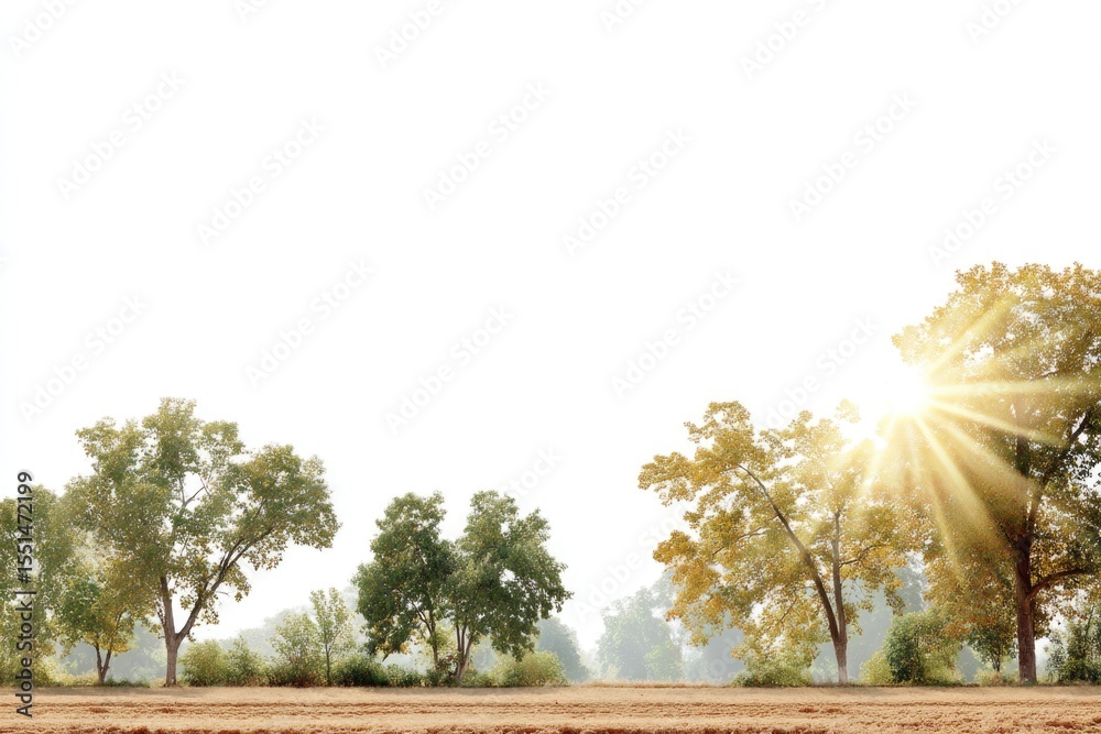 Obraz premium Morning Mist Blankets a Serene Field as Soft Sunlight Filters Through Trees in a Tranquil Landscape