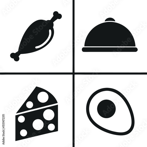 Four food icons chicken leg cloche cheese slice and fried egg isolated on white background