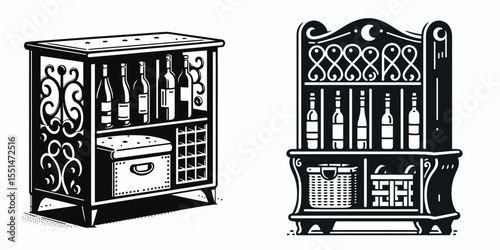 Wine Rack. Furniture Interior Decoration Cartoon Animal Clipart Line Art Vector Illustration. Storage unit for vino bottles countertop display grape beverage.