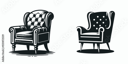 Accent Chair. Furniture Interior Decoration Cartoon Animal Clipart Line Art Vector Illustration. Stylish seat for a room single home furnishing decorative lounge piece.
