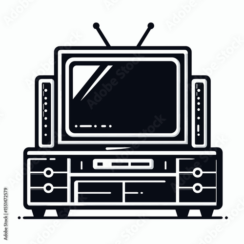 TV Stand. Furniture Interior Decoration Cartoon Animal Clipart Line Art Vector Illustration. Media console furniture flat screen television placement storage cabinet.