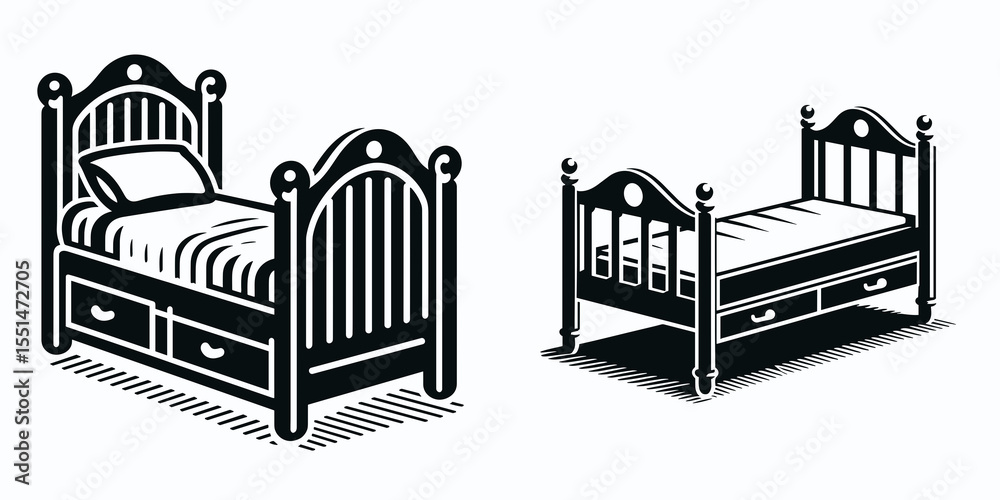 Obraz premium Trundle Bed. Furniture Interior Decoration Cartoon Animal Clipart Line Art Vector Illustration. Hideaway cot small space-saver furniture bedroom unit for child or adult.