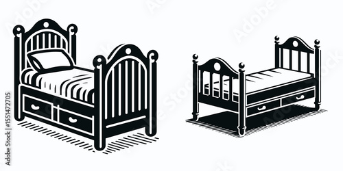 Trundle Bed. Furniture Interior Decoration Cartoon Animal Clipart Line Art Vector Illustration. Hideaway cot small space-saver furniture bedroom unit for child or adult.