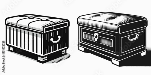 Storage Ottoman. Furniture Interior Decoration Cartoon Animal Clipart Line Art Vector Illustration. Lift top bench with inner depot foot rest cube concealed trunk chest.