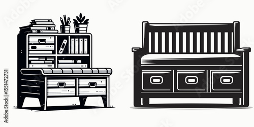 Storage Bench. Furniture Interior Decoration Cartoon Animal Clipart Line Art Vector Illustration. with room for household item indoor organizer fixture.