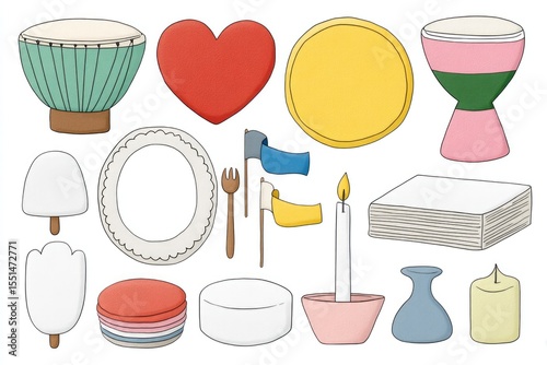 Doodle-style Icons Representing Elements for a Celebratory Juneteenth Gathering Featuring Decorative Items and Food