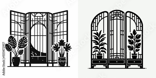 Room Divider. Furniture Interior Decoration Cartoon Animal Clipart Line Art Vector Illustration. Zone partition panel folding privacy screen for home or office space.