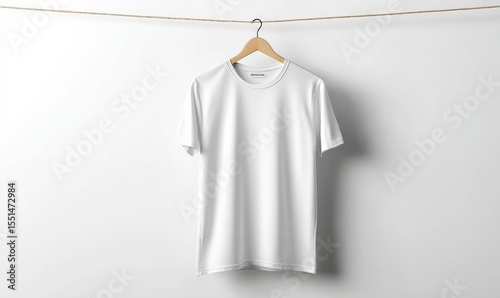 A plain, white T-shirt hangs on a hanger against a white background.