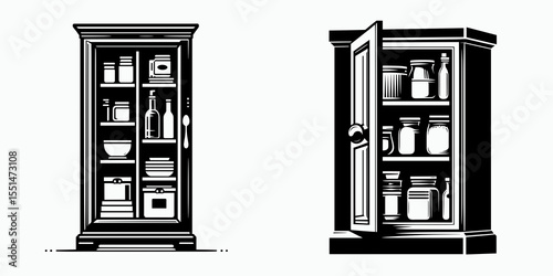 Pantry Cabinet. Furniture Interior Decoration Cartoon Animal Clipart Line Art Vector Illustration. Kitchen storage unit larder cupboard for provisions meal container area.